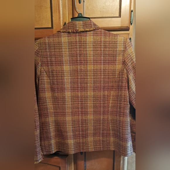 Ladies Coldwater Creek 14 Browns Neutral Plaid Woven Long Sleeve Blazer Fringed - Picture 2 of 8